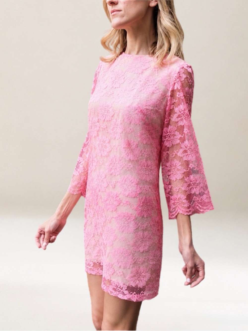 Vintage 60s Hot Pink Floral Lace Shift Mini Dress Sheer Bell Sleeve Slip XS / S - Picture 15 of 17